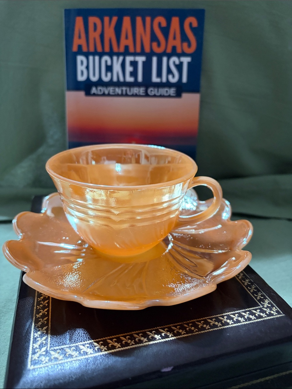 1950s Peach luster glass tea cup & flower petal saucer set